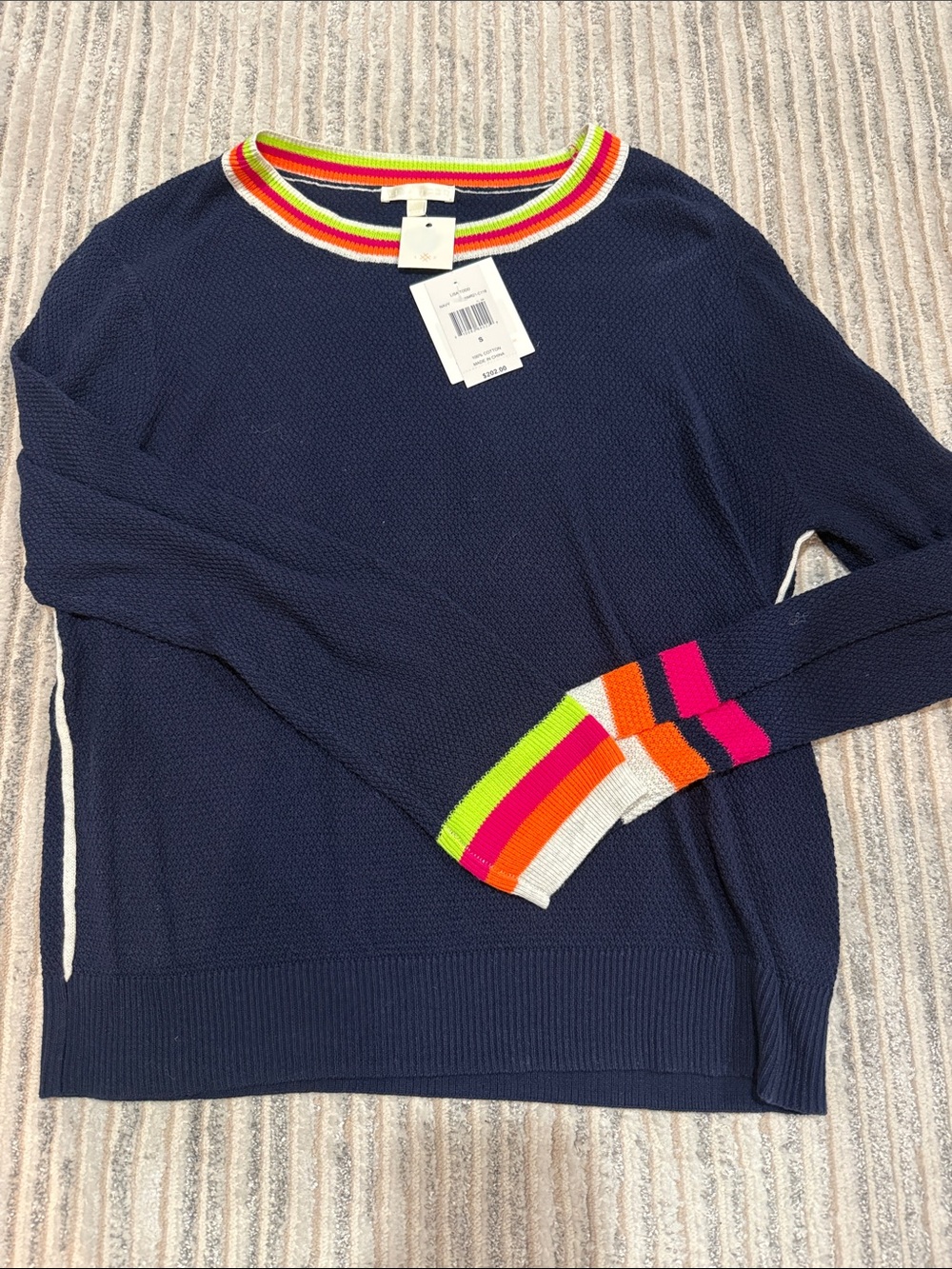 Lisa Todd mWomen Navy Crewneck Sweater with Multicolor Stripe Trim